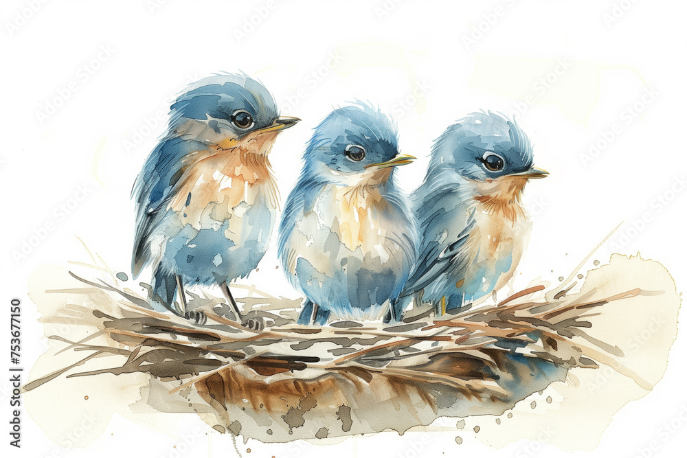 Hand-painted watercolor baby birds in a nest watercolor, white background 