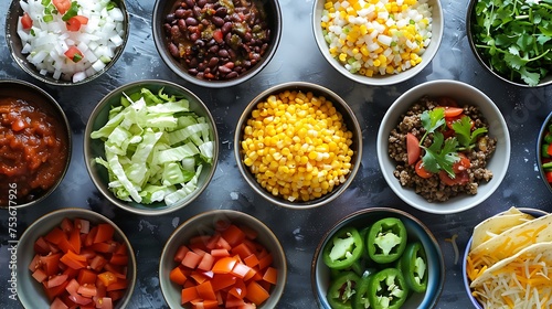 Ingredients for a build-your-own taco salad arranged in bowls © Food Cart