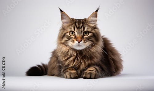 Stunning Maine Coon with piercing eyes and luxurious fur sits against a black backdrop, embodying feline grace and allure © krissanee
