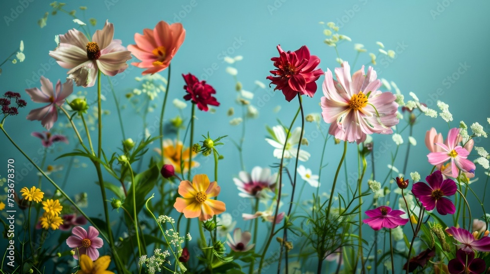 Vibrant cosmos flowers in various colors bloom beautifully in a lush garden setting with a serene atmosphere