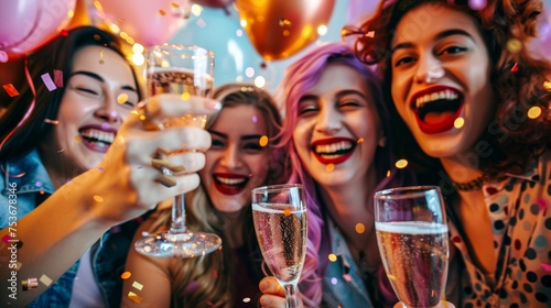 A vibrant scene of friends cheerfully toasting with champagne, capturing the joy and excitement of a celebration or party