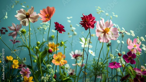 Vibrant cosmos flowers in various colors bloom beautifully in a lush garden setting with a serene atmosphere