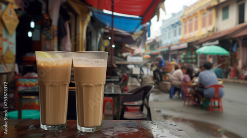 Two glasses of ice teh tarik sitting on top of a table at a Malaysia hawker store