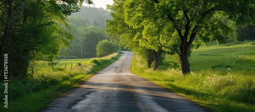 Scenic countryside with green surroundings, an empty street.
