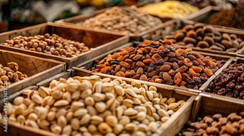 An up-close view of various dried nuts packed in wooden trays creates a texture-rich scene photo