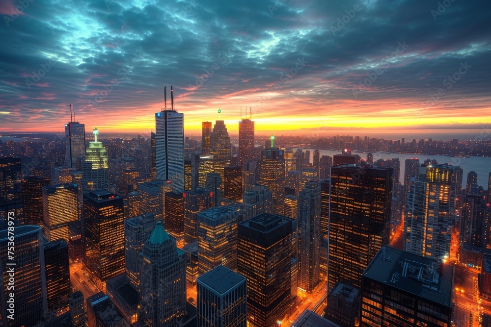 As the sun sets, the lights of the office buildings illuminate the city streets below