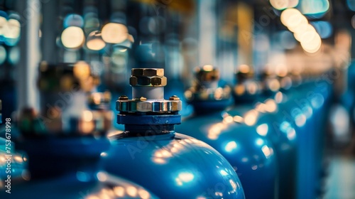 Detailed focus on the intricate connections and vibrant color of pressurized industrial cylinders, highlighting technology and industry