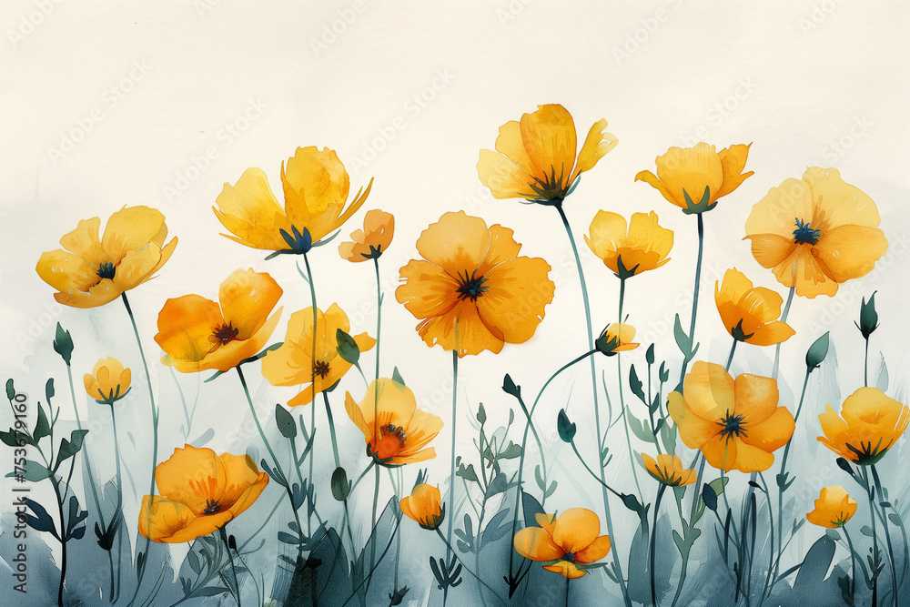 Fototapeta premium Pastel yellow watercolor meadow flowers on paper background, watercolor, background with a pace for text
