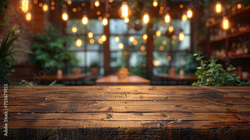 image of wooden table in front of abstract blurred background of resturant lights.