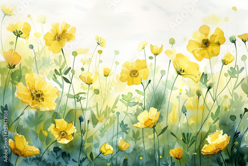 Pastel yellow watercolor meadow flowers on paper background, watercolor, background with a pace for text