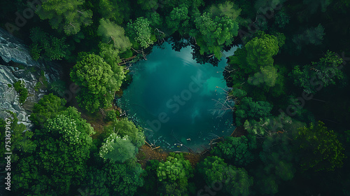 Drone photography top View Photo of Lake surrounded by Trees AI Image Generative