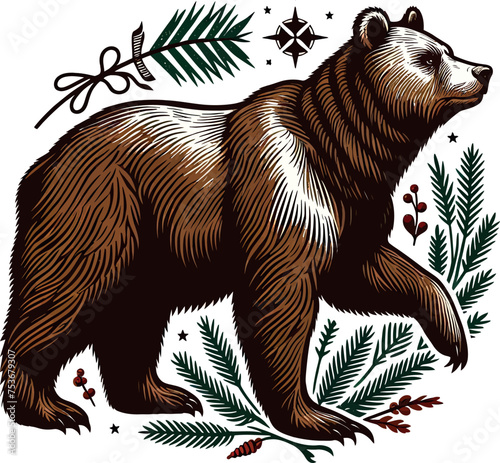 brown bear in the forest vector art illustration for t-shirt merch
