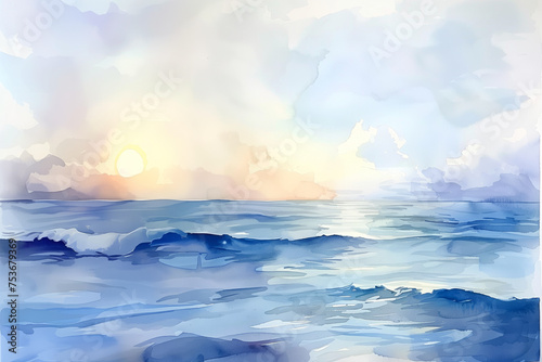 Vibrant watercolor painting depicting serene ocean landscape, watercolor,  background with a pace for text © fotogurmespb