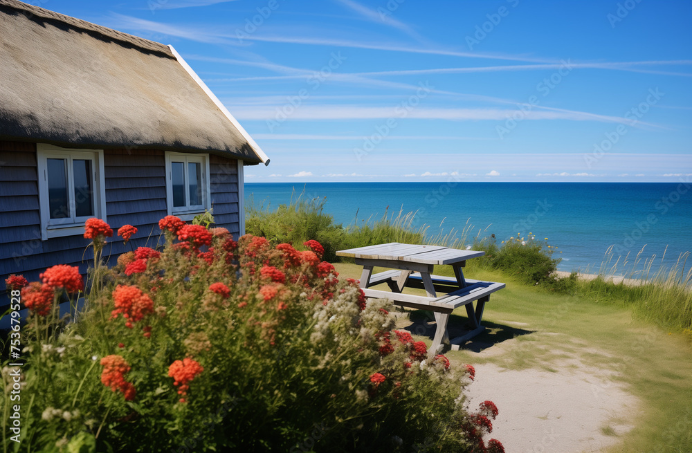 A blue seaside cottage with chairs and red flowers in front.