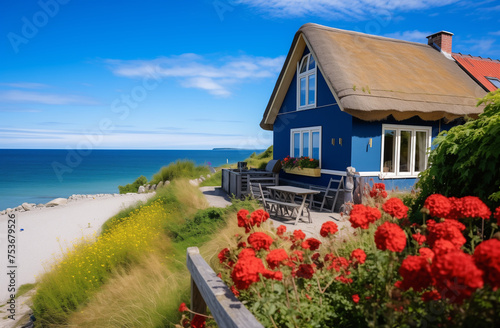 Coastal blue house with a thatched roof and red flowers.