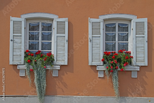 Window on historic building with arched glazing and floral decoration