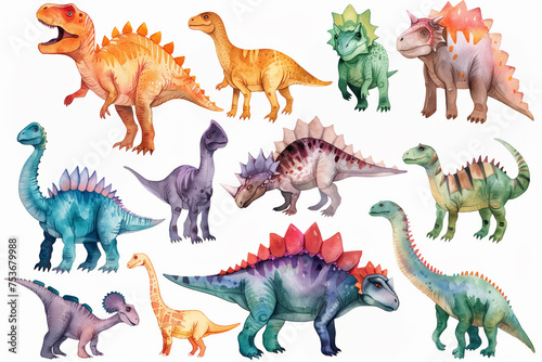 Watercolor dinosaur collection with vibrant design elements, watercolor, white background  © fotogurmespb