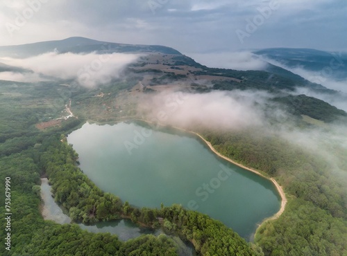 Aerial view of Cupressus Lake with low clouds and fog, Sukko village, Krasnodar Krai province.