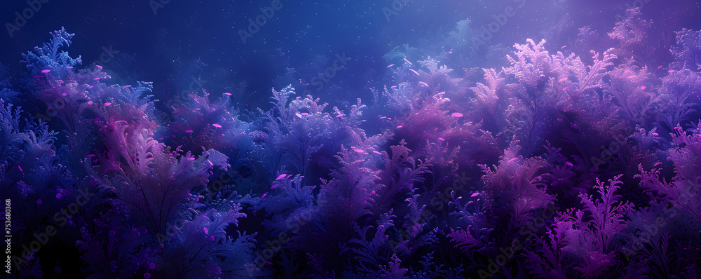 A mystical forest scene radiates with sparkling purple and blue lights among the lush vegetation