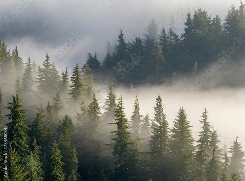 Morning fog shrouds evergreen trees  Washington  United States of America