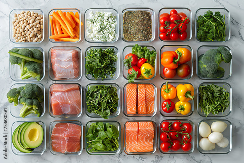 Perfectly portioned containers filled with a diverse mix of proteins, legumes, and colorful vegetables. 