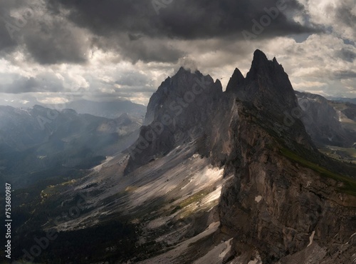View of moody mountain peaks in the Dolomites, Italy