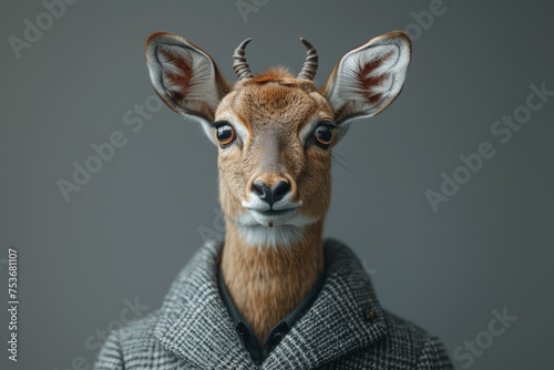 A person in a suit featuring a gazelle's head, illustrating grace and agility in professional interactions. Concept of elegance in business. Generative Ai.