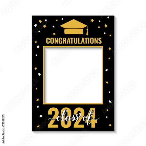 Class of 2024 photo booth frame isolated on white. Graduation party photobooth props. Grad celebration selfie frame.  Vector template.