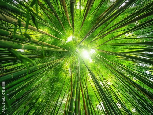 Verdant bamboo stalks reach skyward, converging into a radiant sunburst through the leaves.