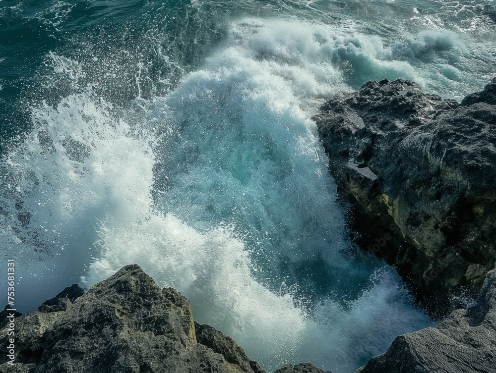 Dynamic view of ocean waves breaking against a rugged coastline, with water spray and froth.