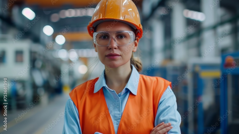 Female worker wearing a safety uniform, glasses and hard hat in factory Female worker wearing a safety uniform, glasses and hard hat in factory