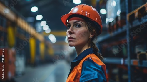 Female worker wearing a safety uniform and hard hat in factory