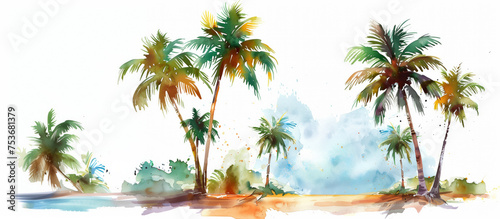 Watercolor illustration of tropical palm trees beachside, watercolor, white background 