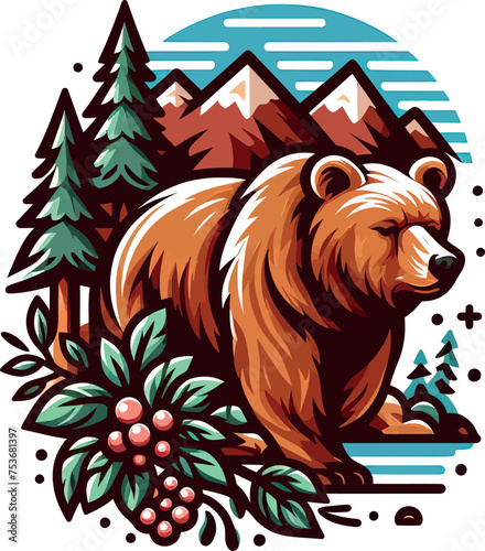 brown bear in the forest vector art illustration for t-shirt merch