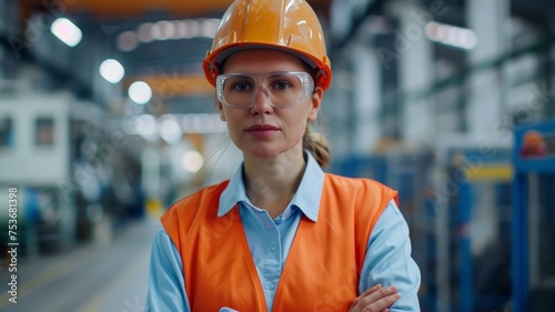 Female worker wearing a safety uniform, glasses and hard hat in factory