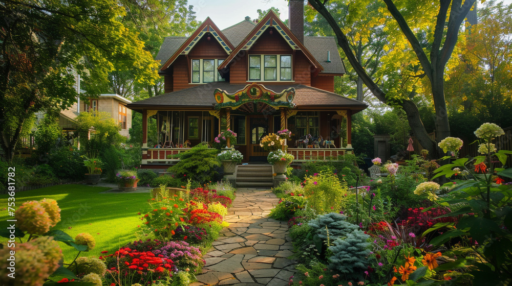 A craftsman style house painted in a warm cinnamon, with a backyard that hosts a vintage carousel and a cobblestone sidewalk lined with seasonal flowers. The photo radiates the joy of a sunny weekend.