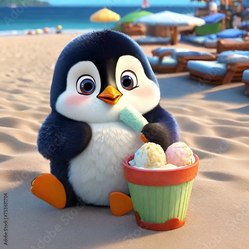 3d cute penguin on the beach with icecream