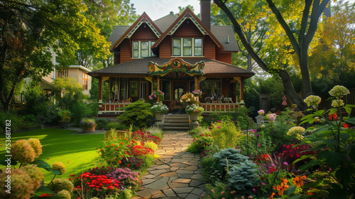 A craftsman style house painted in a warm cinnamon  with a backyard that hosts a vintage carousel and a cobblestone sidewalk lined with seasonal flowers. The photo radiates the joy of a sunny weekend.