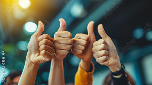 a business team raises thumbs up in gratitude, symbolizing motivation and teamwork. Together, they acknowledge and thank each other for their dedication