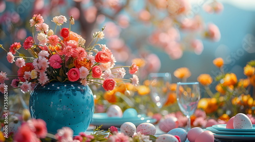 Festive Easter still life with colorful eggs and spring flowers on a decorated table