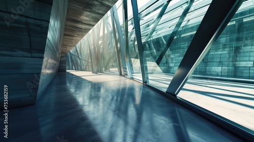 Abstract futuristic glass interior architecture with empty concrete floor.