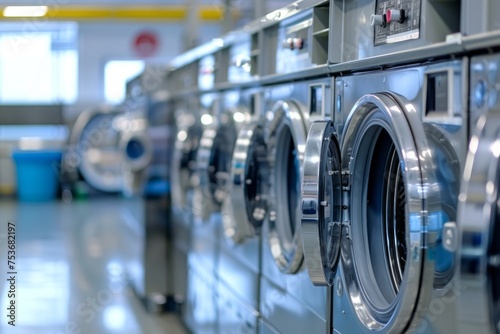 Professional laundry with a many wasing machines. AI generative