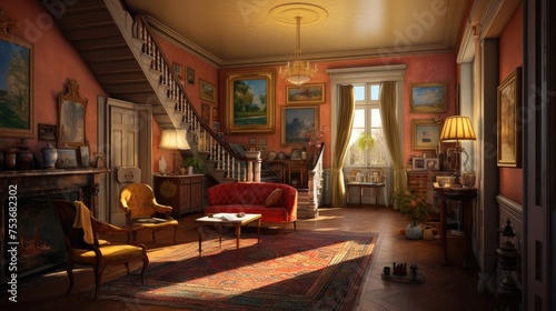 Interior design of cozy living room.