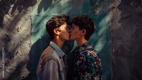 LGBTQ young man couple kissing, romantic scene, romantic gays, young gays is hugging