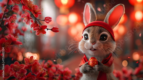 Cute spring rabbits, one red, chinese happy new year, festive spring