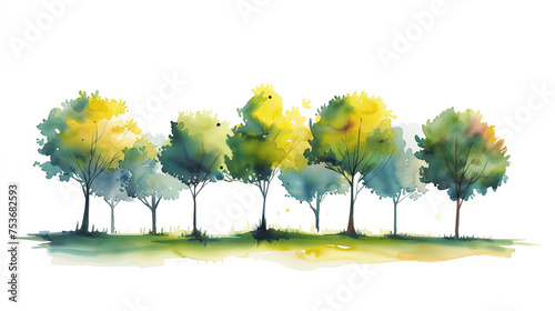 Watercolor park scene featuring group of trees, isolated on white background, watercolor, white background 