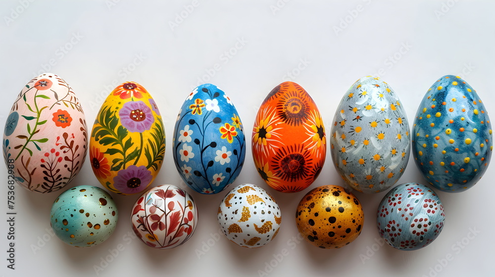 Colorful Easter eggs, a symbol of spring celebrations, rest on a white background Colorful Easter eggs, a symbol of spring celebrations, rest on a white background