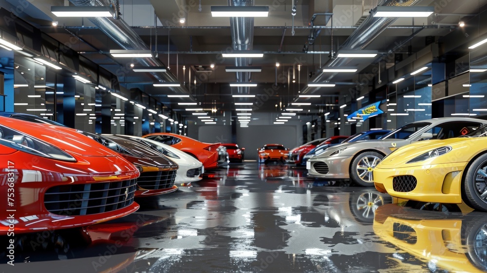 Sports car showroom. Generate AI image - obrazy, fototapety, plakaty 