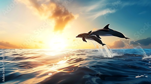 Two Dolphins Jumping Out of Water at Sunset. Generative AI. © Галя Дорожинська