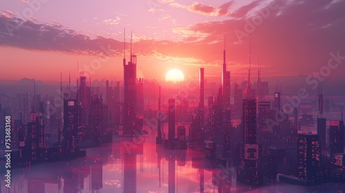 Digital art of a futuristic city skyline glowing at sunrise, with skyscrapers' lights reflecting on the water's surface.